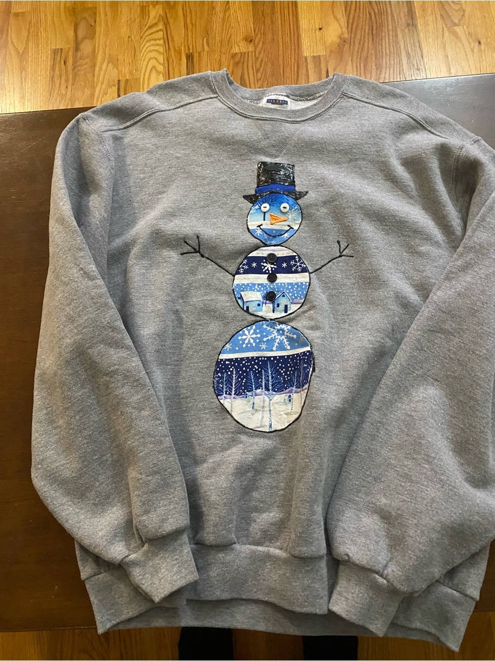 Jerzees Gray Crewneck with Blue Snowman Graphic